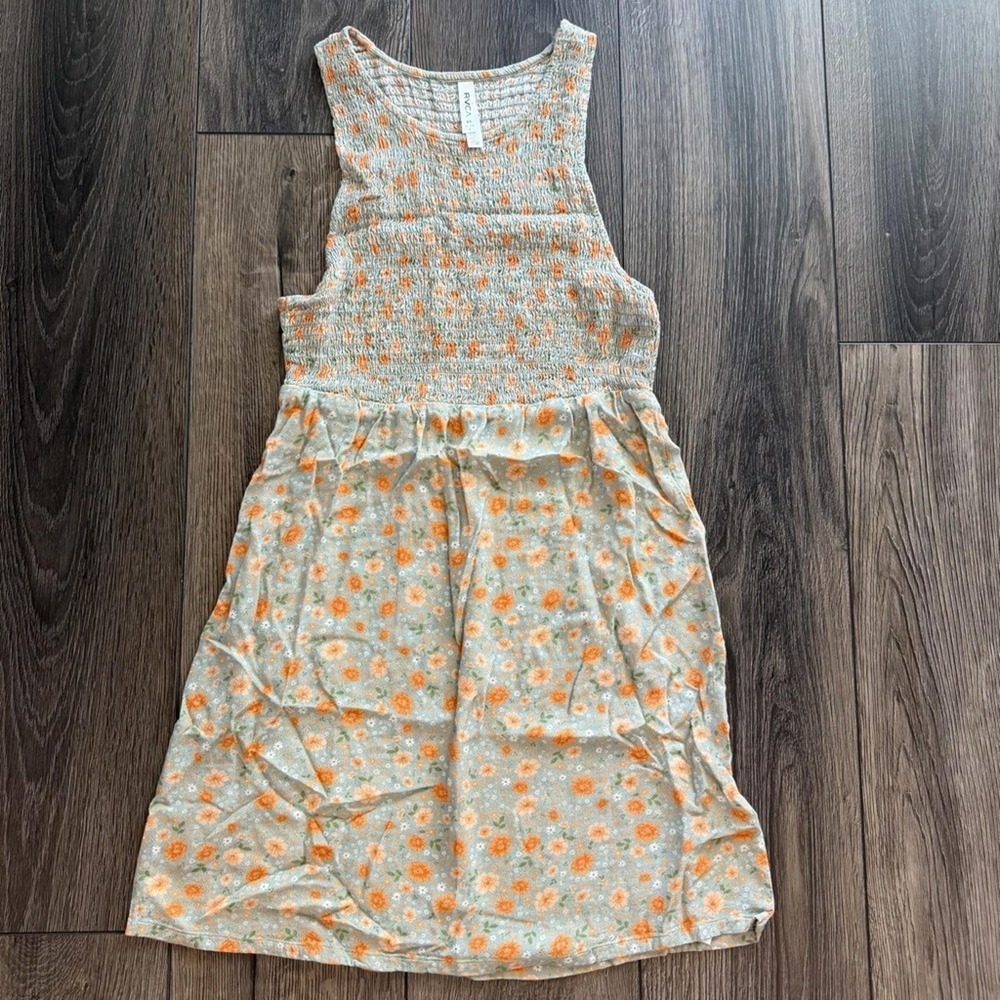 RVCA Smocked Floral Mini Dress Sage Green Orange‎ XS 6 Boho Summer Skater Sun